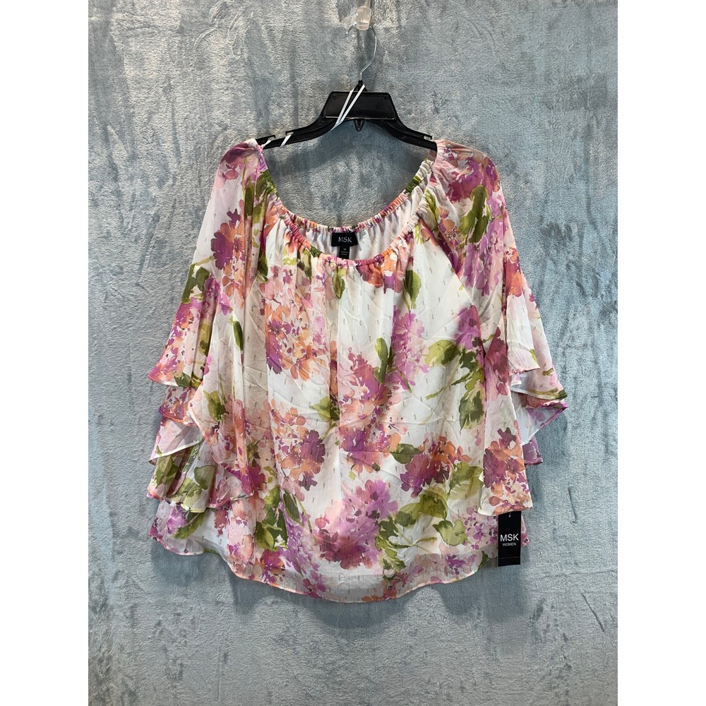 MSK Women Plus Size 1X Floral Tiered Sleeve Lurex Blouse Ivory Pink 92613468AM